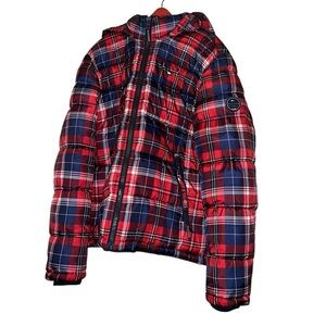 Tommy Hilfiger men’s red white blue plaid puffer hooded winter jacket sz m